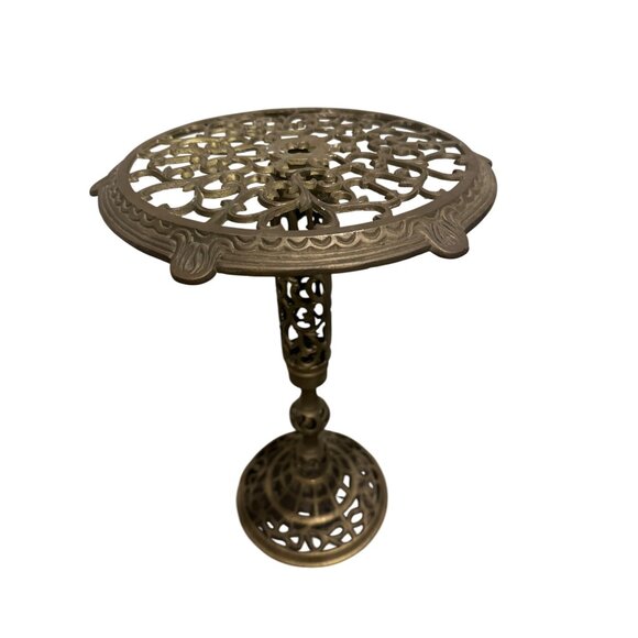 Antique Brass Ornate Table w/ Filigree Design 16 inches - Picture 3 of 8